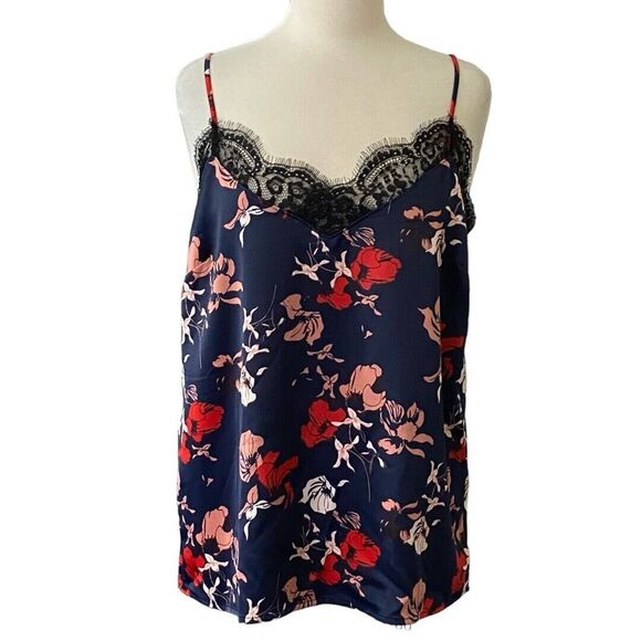 Halogen Womens Medium Textured Satin Cami Navy Floral Eyelash Lace Trim Lightly - Picture 1 of 11